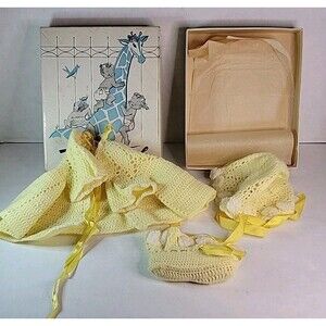 Vintage Baby Clothes Box Set Dress, Bonnet, 1 Boot, & Box - Toddle Tyke